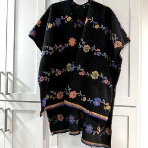 Iperico Boiled Wool Ruana Shawl w/ Vivid Floral Lagenlook  Made in Italy OSFM